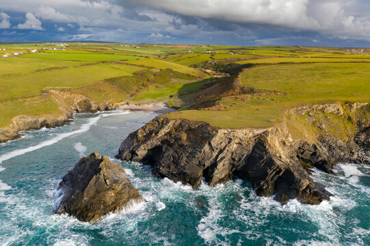 Rugged Cornish coastline at Porth Mear, Cornwall, England