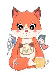 Cute red little fox with embroidery, cup