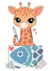 Cute baby giraffe with embroidery, fish, diamond
