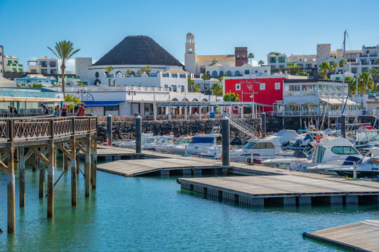 View of boats and the restaurants in Rubicon Marina, Playa Blanca, Lanzarote, Canary Islands