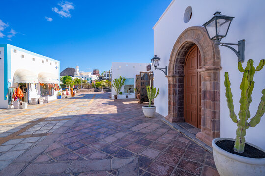 View of gallery entrance and shops in Rubicon Marina, Playa Blanca, Lanzarote, Canary Islands
