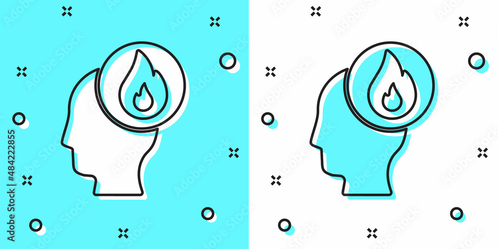 Poster black line firefighter icon isolated on green and white background. random dynamic shapes. vector