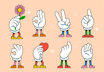 Dibujo manual manos graciosas animadas de moda. Conjunto de diferentes iluminaciones vectoriales. Diseño plano.