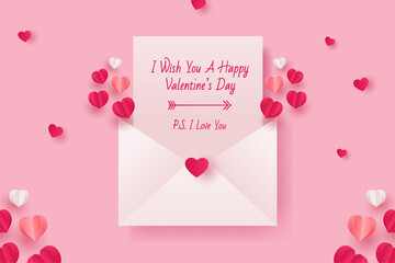 Cute  valentine's day greeting card in envelope. opened envelope with card and heart. love letter