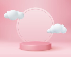 3d pink rendering with podium and cloud white scene