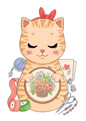 Cute red striped cat with embroidery, bow, flowers