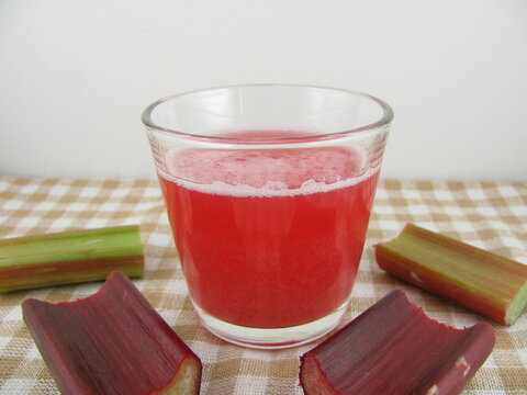 Fresh rhubarb juice and pieces of a rhubarb stick