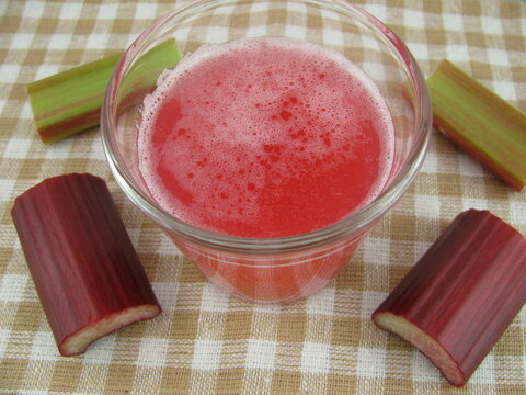 Fresh rhubarb juice and pieces of a rhubarb stick