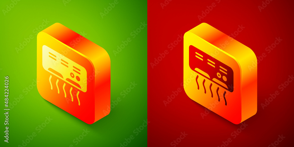 Poster isometric air conditioner icon isolated on green and red background. split system air conditioning. 