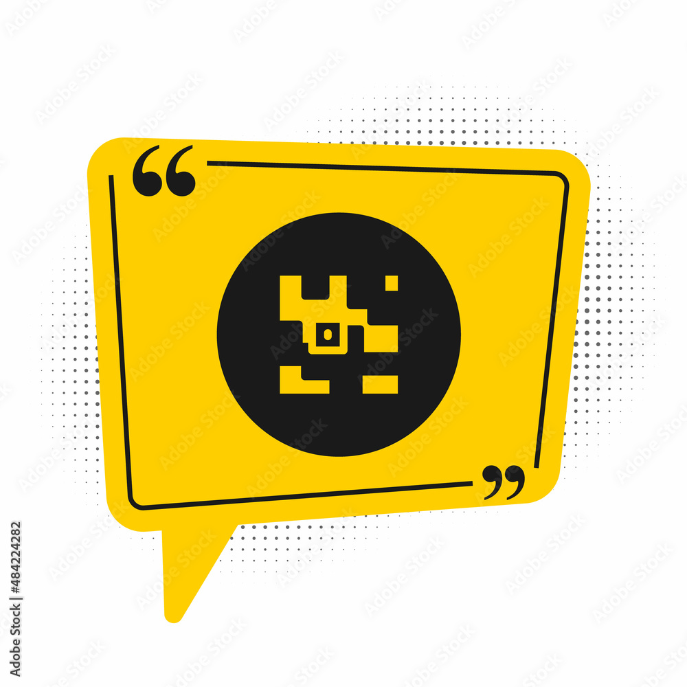 Poster black qr code sample for smartphone scanning icon isolated on white background. yellow speech bubble