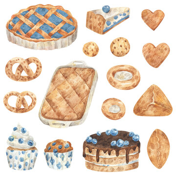 Homemade pastries. Watercolor set of illustration. Sweet buns, cakes, pies with blueberry, pretzels, cookies. Hand-drawn pictures 