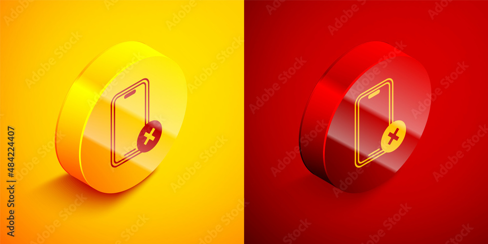 Poster isometric no cell phone icon isolated on orange and red background. no talking and calling sign. cel