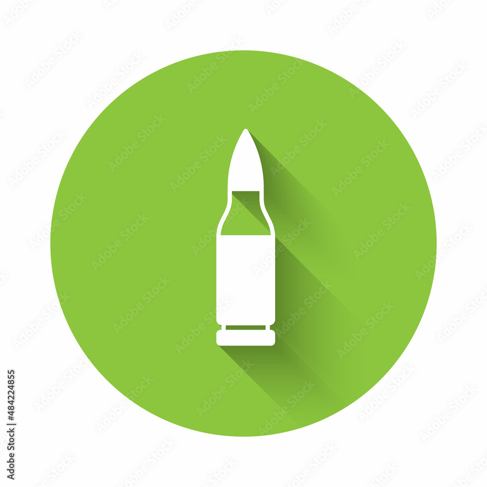 Poster white bullet icon isolated with long shadow background. green circle button. vector