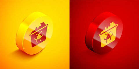 Isometric Infectious waste icon isolated on orange and red background. Tank for collecting radioactive waste. Dumpster or container. Biohazardous substances. Circle button. Vector