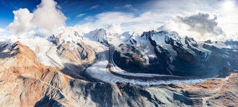 Aerial panoramic view of Gorner Glacier, Lyskamm, Monte Rosa, Castor and Pollux mountains, Zermatt, Valais, Swiss Alps, Switzerland