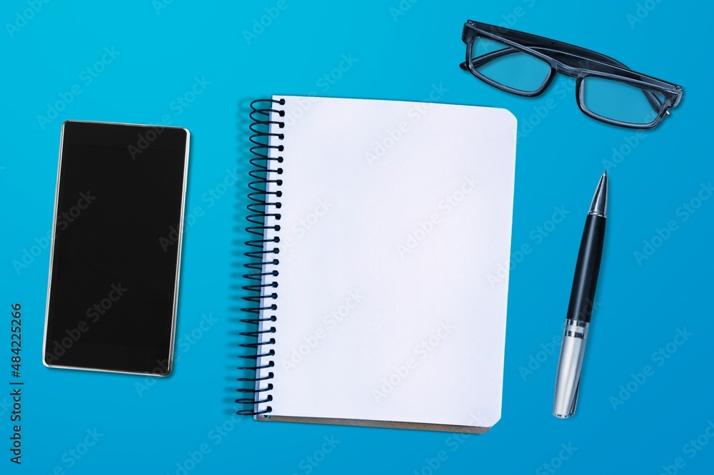 Sticker Desk with pen, glasses, smartphone and notebook