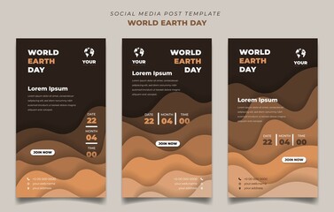 World earth day template design with paper cut background. Set of social media post template in portrait background.