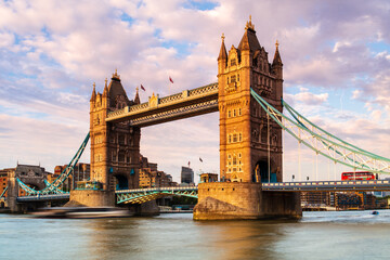 Tower Bridge and a London bus in the afternoon light, London, England