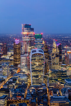 City of London skyscrapers at dusk, including Walkie Talkie building, from above, London, England