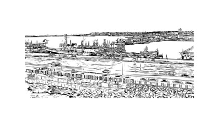 Building view with landmark of Mar del Plata is the 
city in Argentina. Hand drawn sketch illustration in vector.