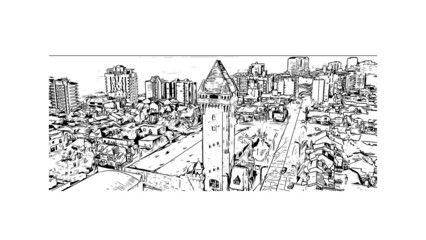 Building view with landmark of Mar del Plata is the 
city in Argentina. Hand drawn sketch illustration in vector.