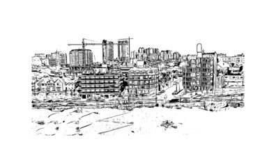 Building view with landmark of Mar del Plata is the 
city in Argentina. Hand drawn sketch illustration in vector.