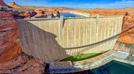 Front view of the historic Glen Canyon Dam in Page, viewed from the Highway 89 Bridge over the Colorado River, Arizona