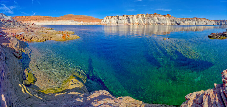 The emerald blue waters of Lake Powell just north of the Glen Canyon Dam in an area called The Chains, near Page, Arizona