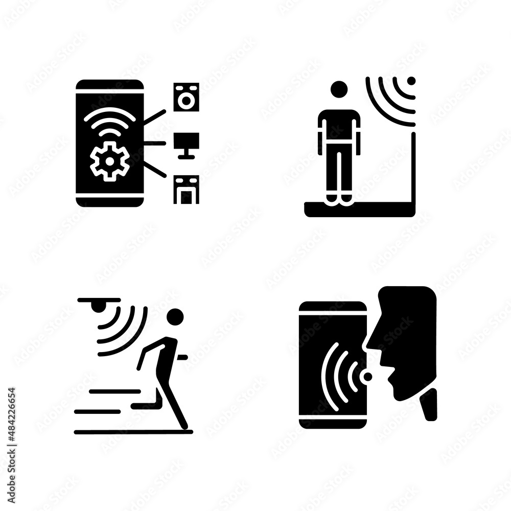 Aufkleber sensor technology black glyph icons set on white space. mobile application for remote control. inter
