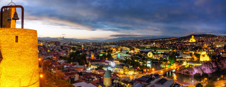 Cityscape view of the old town from Narikala Fortress at sunset, Tbilisi