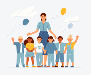 Kindergarten teacher with children standing in row bonding, hold hands, hug each other, wave in friendly way. Flat cartoon vector illustration.