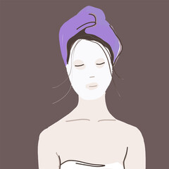 cute woman bath towel with cosmetic mask on her face
