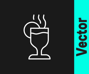 White line Mulled wine with glass of drink and ingredients icon isolated on black background. Cinnamon stick, clove, lemon slice. Vector