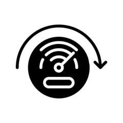 Speed sensors black glyph icon. Efficiency measurement gauge. Monitor performance. Smart appliance tech. Silhouette symbol on white space. Solid pictogram. Vector isolated illustration