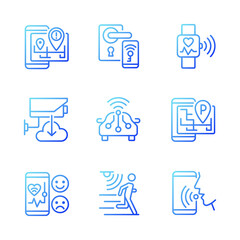 Internet of things gradient linear vector icons set. Wireless technology. Remote access. IoT appliance. Thin line contour symbol designs bundle. Isolated outline illustrations collection