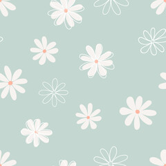 Floral seamless pattern with simple flower in light turquoise background.