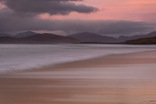 Scarista Beach backed by the Harris Hills at sunset, Isle of Harris, Outer Hebrides, Scotland