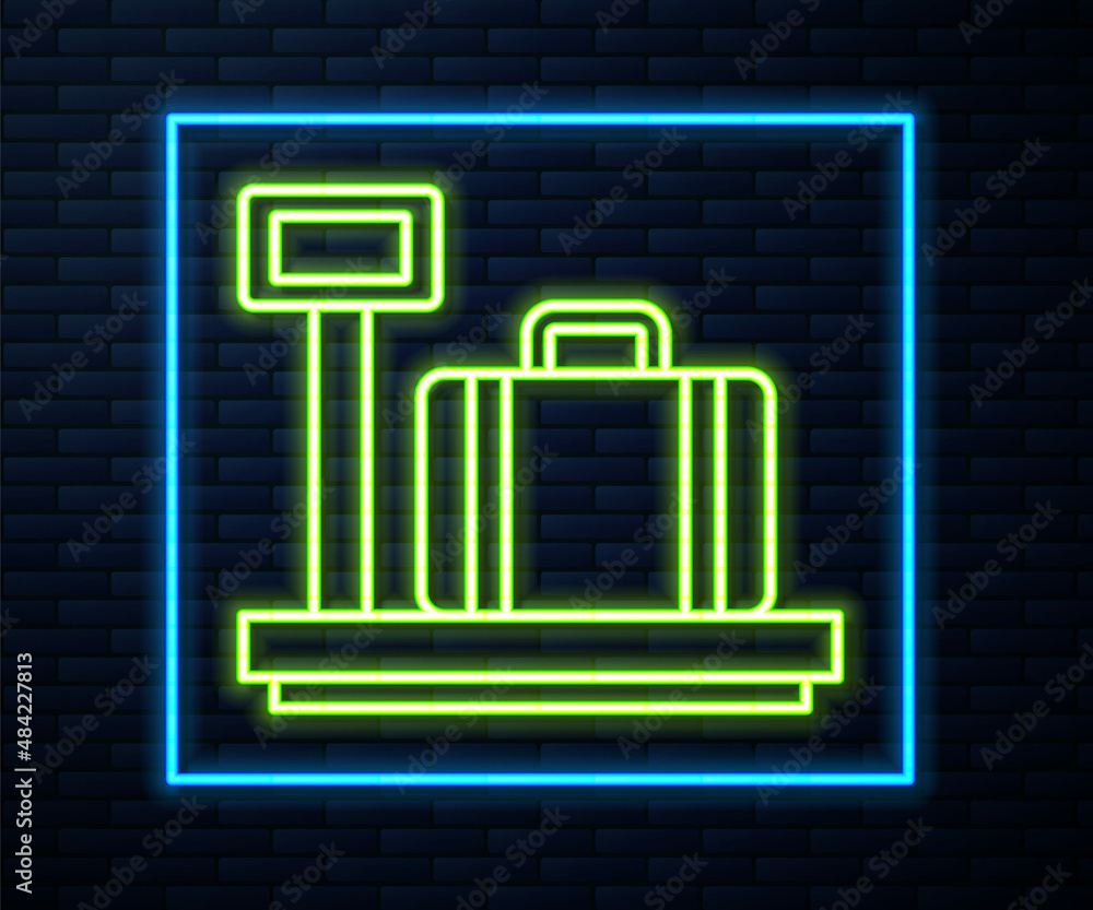 Poster glowing neon line scale with suitcase icon isolated on brick wall background. logistic and delivery.