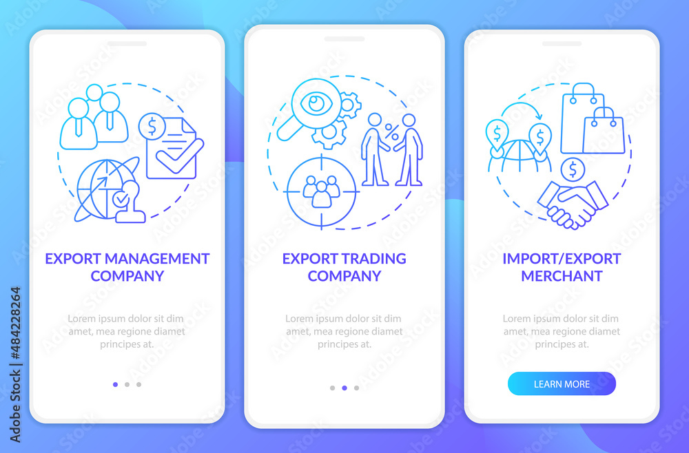 Poster types of export business blue gradient onboarding mobile app screen. walkthrough 3 steps graphic ins