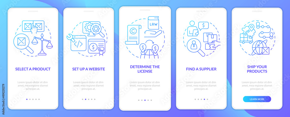 Poster how to start export business blue gradient onboarding mobile app screen. walkthrough 5 steps graphic