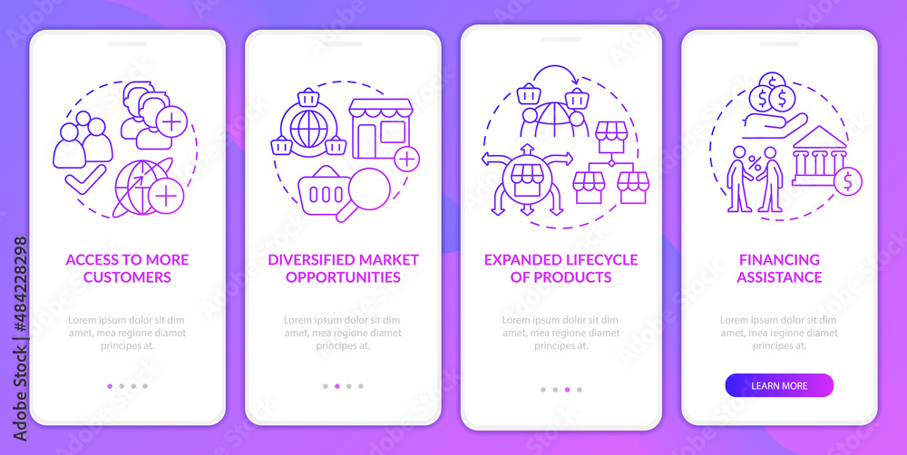 Poster export business advantages purple gradient onboarding mobile app screen. walkthrough 4 steps graphic