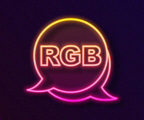 Glowing neon line Speech bubble with RGB and CMYK color mixing icon isolated on black background. Vector
