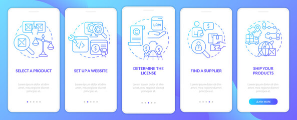 How to start export business blue gradient onboarding mobile app screen. Walkthrough 5 steps graphic instructions pages with linear concepts. UI, UX, GUI template. Myriad Pro-Bold, Regular fonts used