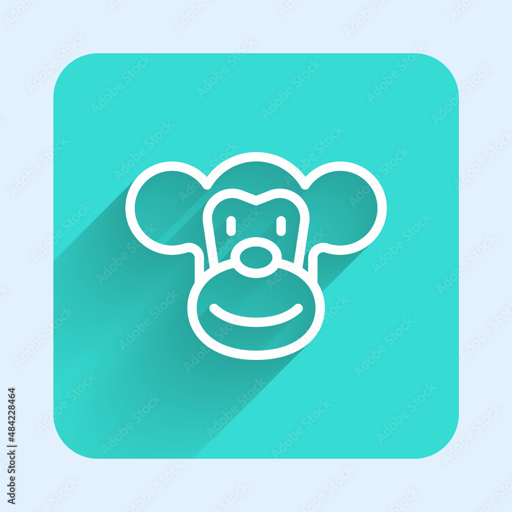 Poster white line monkey icon isolated with long shadow background. animal symbol. green square button. vec