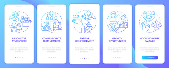 Peaceful office environment blue gradient onboarding mobile app screen. Walkthrough 5 steps graphic instructions pages with linear concepts. UI, UX, GUI template. Myriad Pro-Bold, Regular fonts used