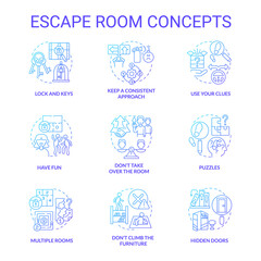 Escape room blue gradient concept icons set. Puzzle-solving adventure idea thin line color illustrations. Keep consistent approach. Isolated symbols. Roboto-Medium, Myriad Pro-Bold fonts used