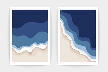 Ocean landscape posters top view. Sea waves from above, cartoon seaside, beach scene, isolated backgrounds. Vector set