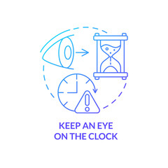 Keep eye on clock blue gradient concept icon. Escape room method abstract idea thin line illustration. Motivating factor. Escape before deadline. Isolated outline drawing. Myriad Pro-Bold font used