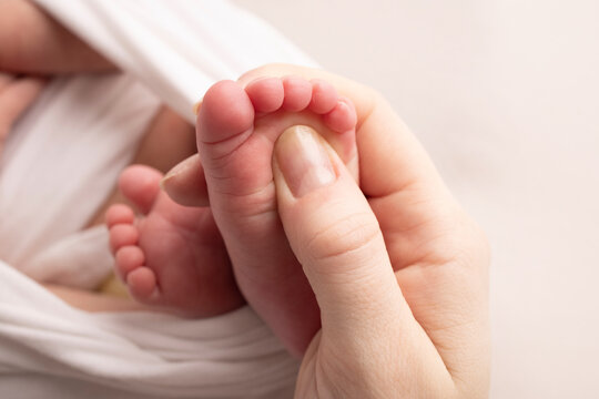 Mother is doing massage on her baby foot. Closeup baby feet in mother hands. Prevention of flat feet, development, muscle tone, dysplasia. Family, love, care, and health concepts. Studio macro.