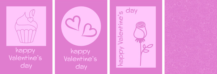 Fototapeta premium set of four pink valentines, love symbols on a delicate background, a glass of champagne, hearts, minimalism, flat vector graphics, sketch, place for text, valentines day greeting card, vector